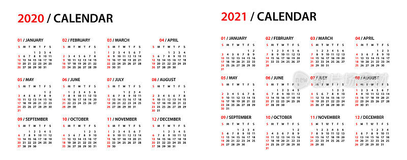 日历2020 2021 -简单布局插图。一周从周日开始。日历设定为2020年和2021年